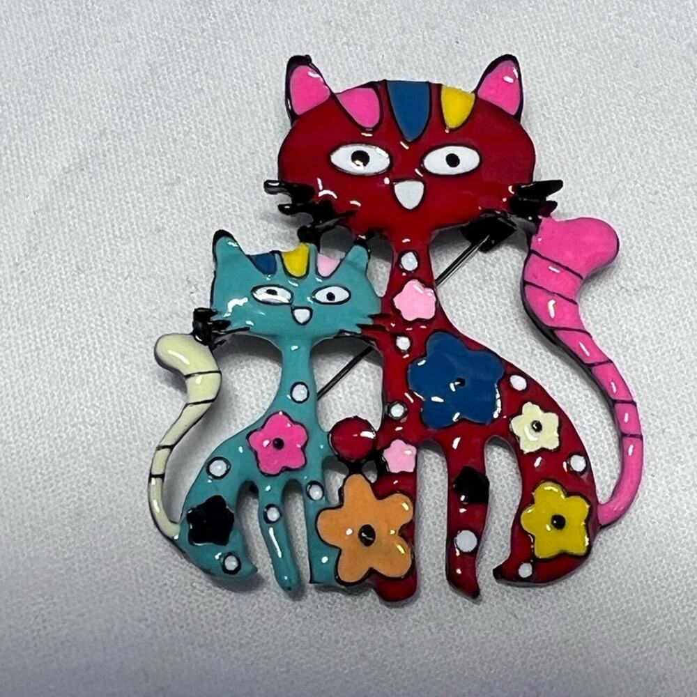 Multicolor Cat Flower Brooch Pendant Pin Kitten Enameled Hippie